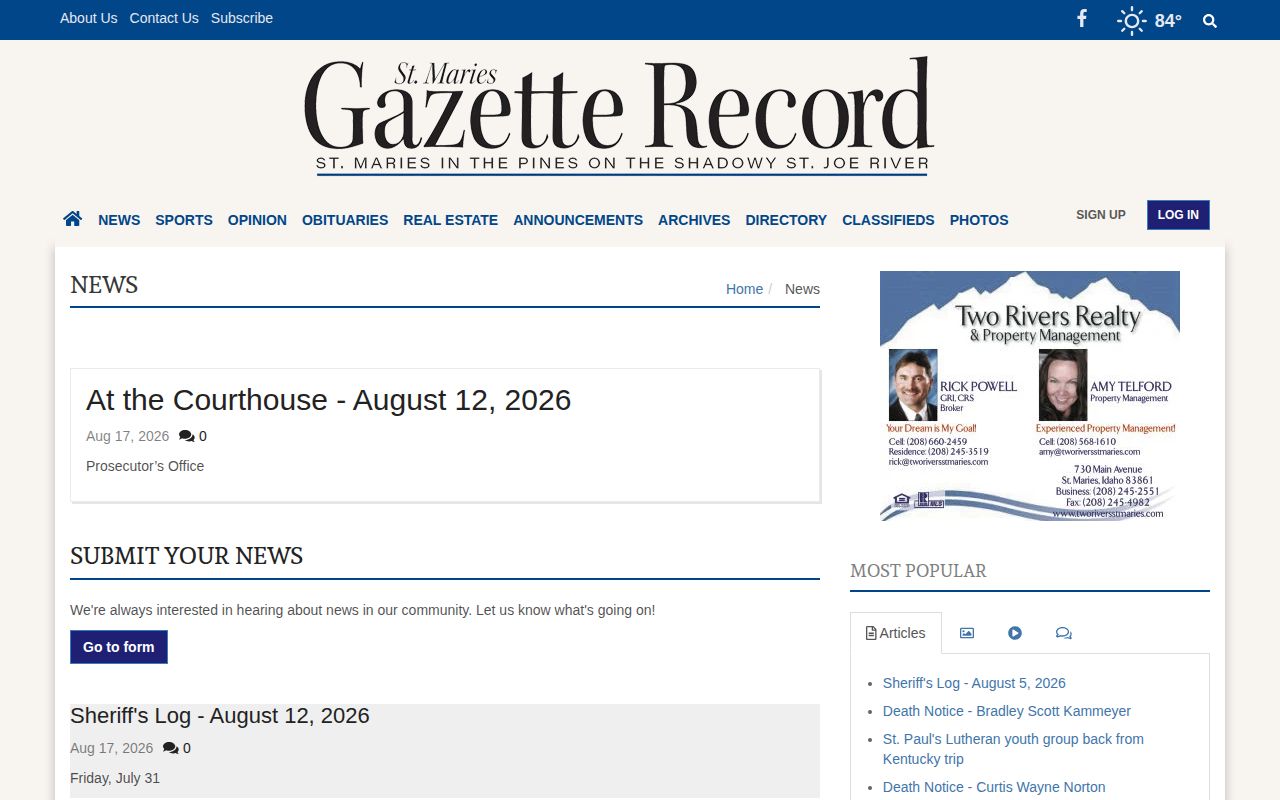 The Gazette Record Benewah County news page showing recurring Sheriff’s Log coverage