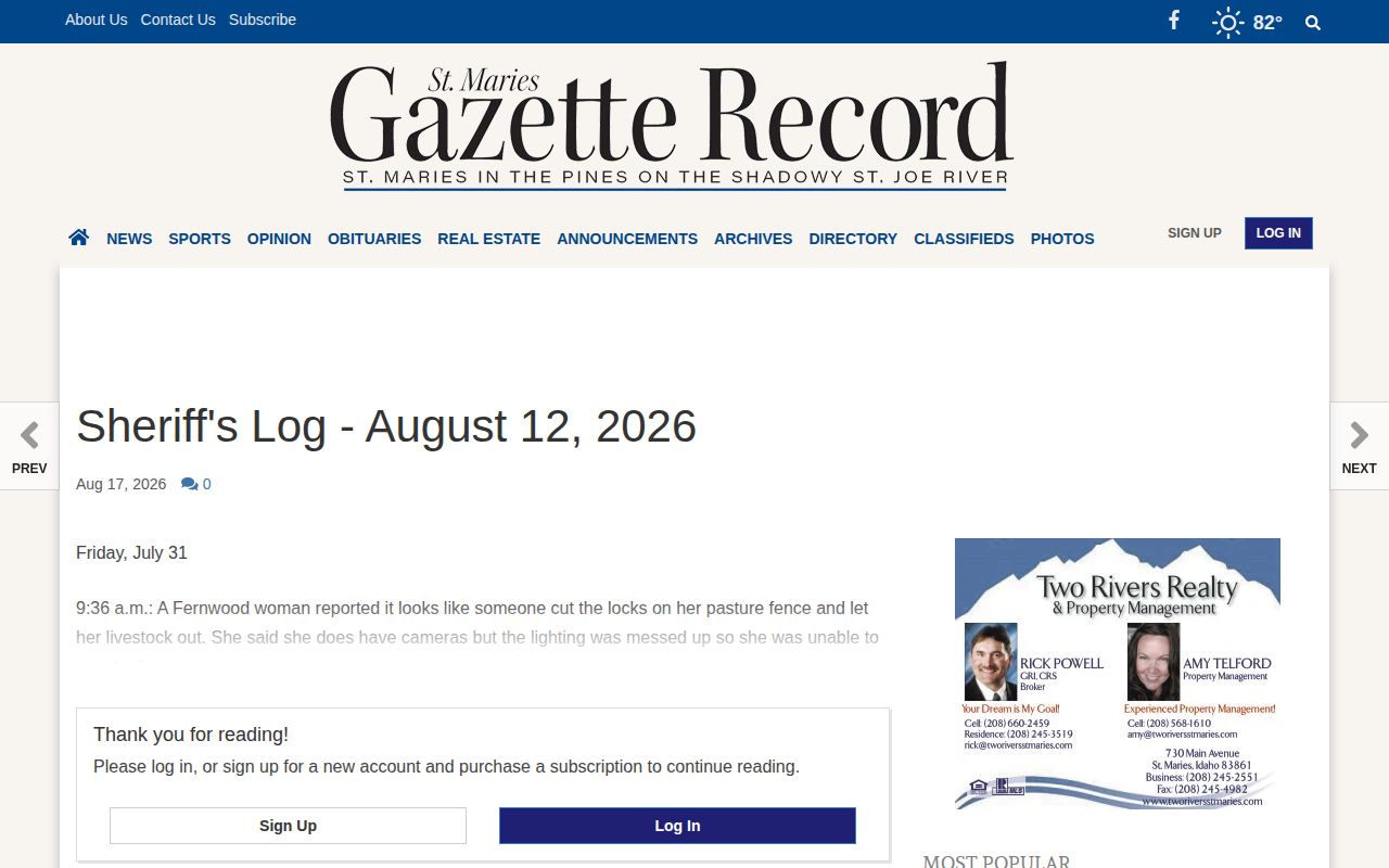 The Gazette Record dated Sheriff’s Log page showing delayed local crime-news context