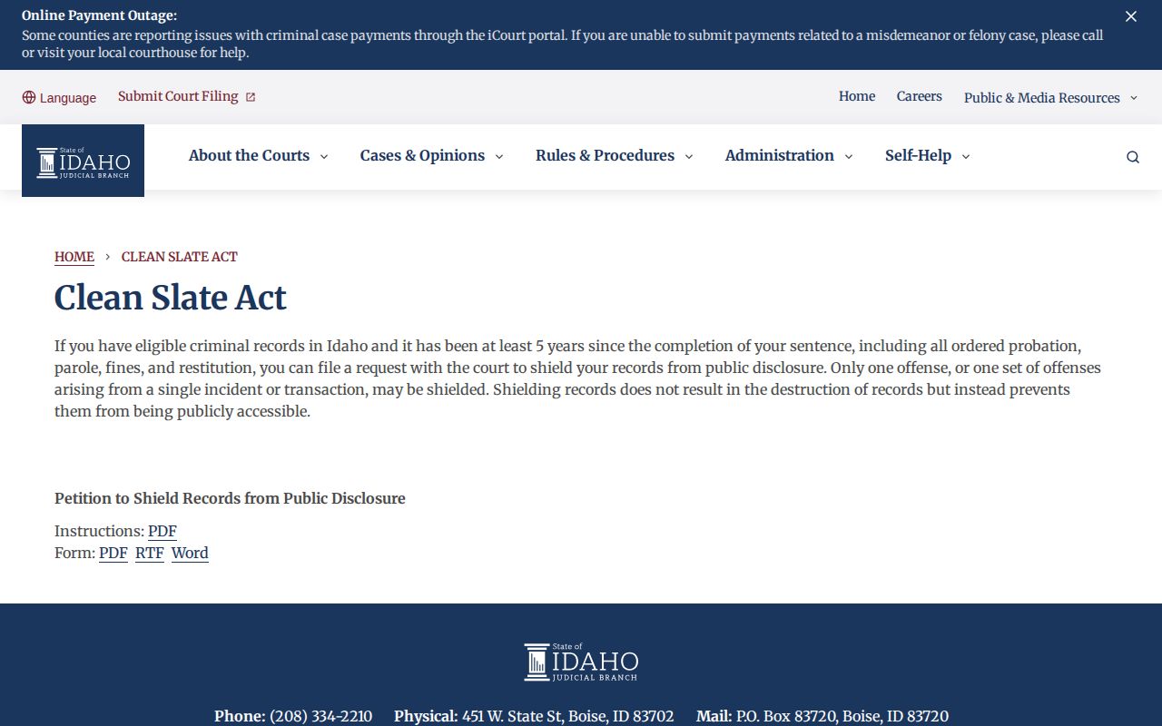 Idaho Clean Slate Act information for Benewah County record shielding