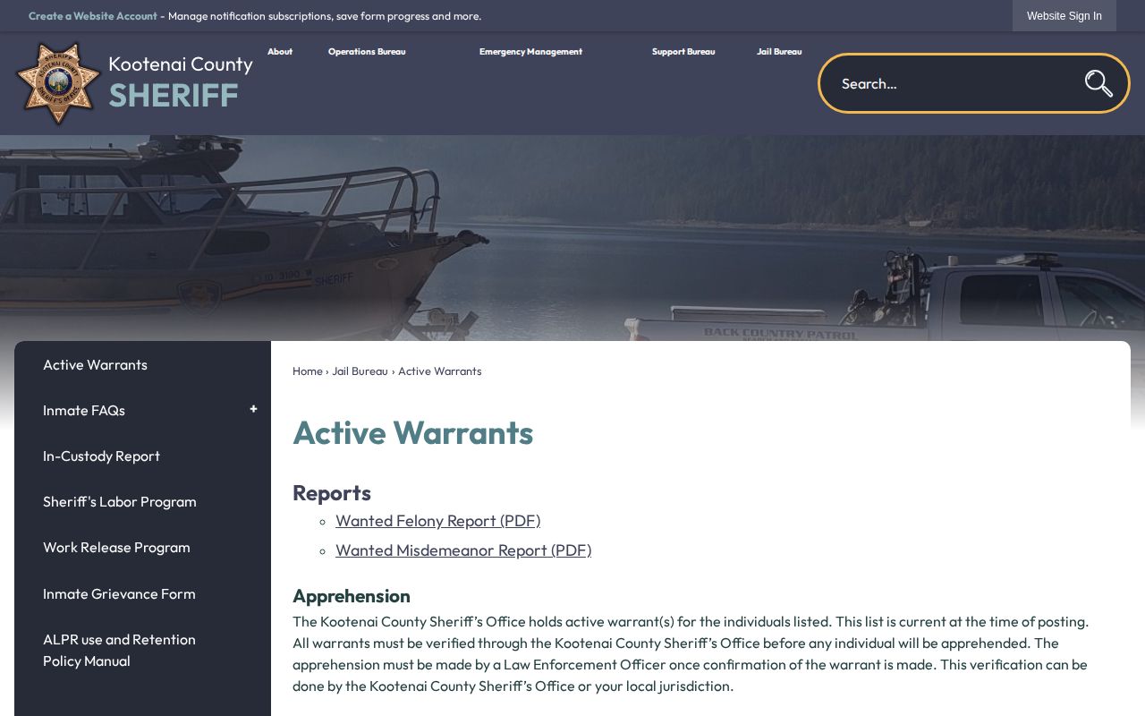 Kootenai County Sheriff's active warrants page shown as a neighboring-jurisdiction reference for Benewah warrant checks