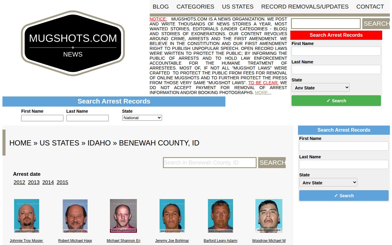 Mugshots.com Benewah County section shown as an unofficial secondary source