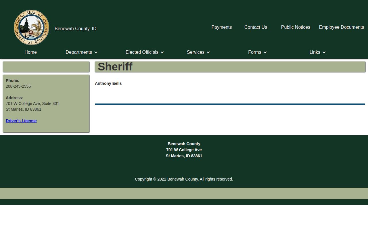 Benewah County Sheriff's Office contact page for booking-record requests