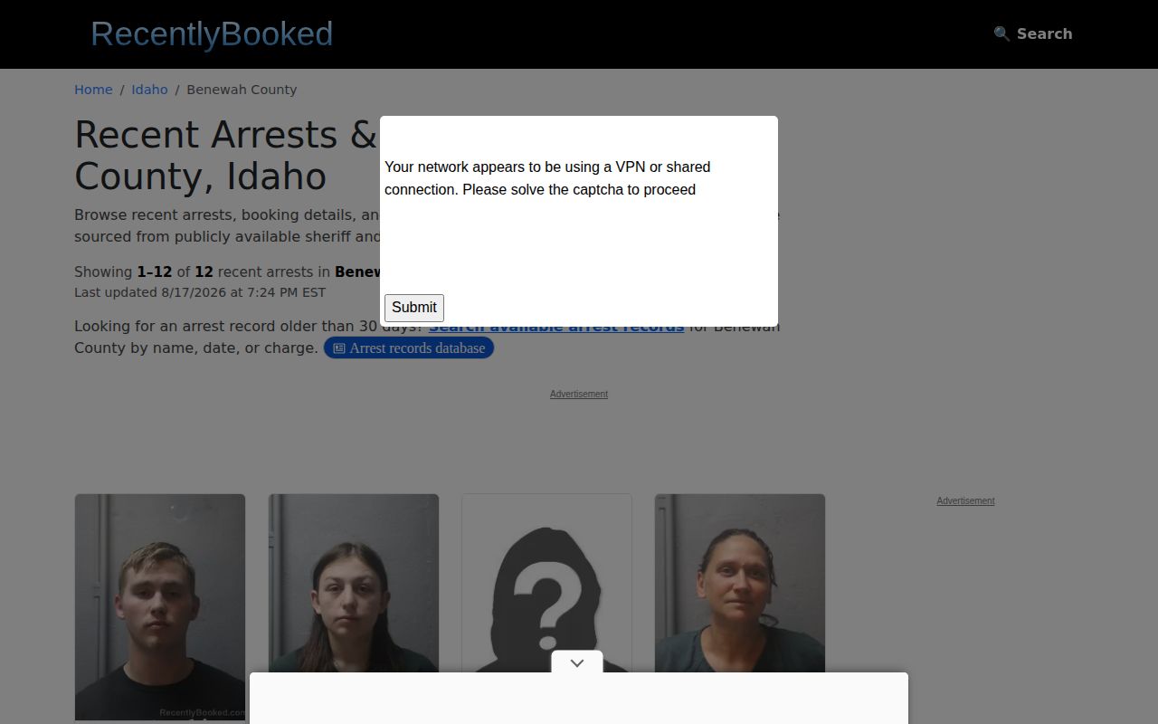 RecentlyBooked Benewah County section shown as an unofficial secondary arrest-news lead