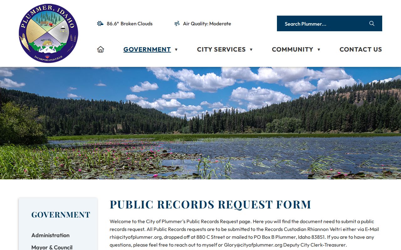 Benewah County Plummer public-records custodian page and written request route for police records