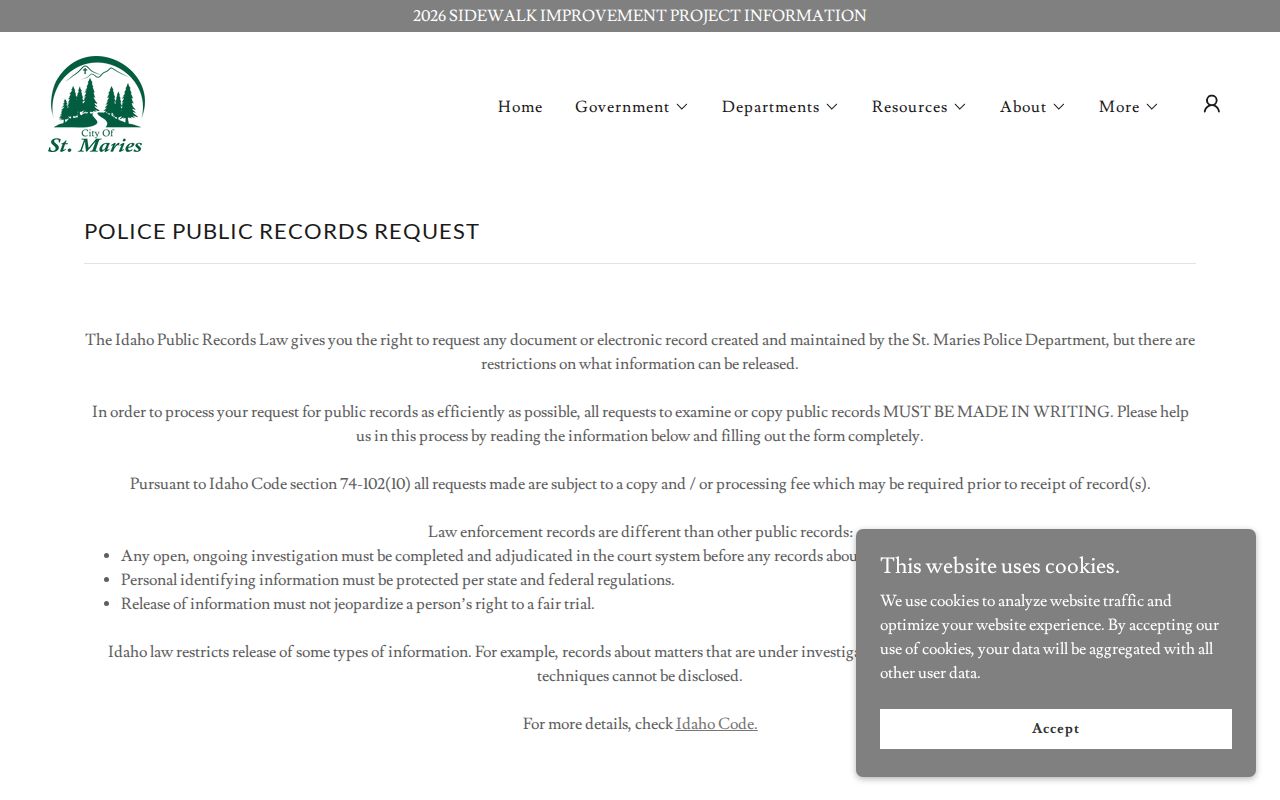 Benewah County St. Maries Police public-record request page for arrest reports and booking photos