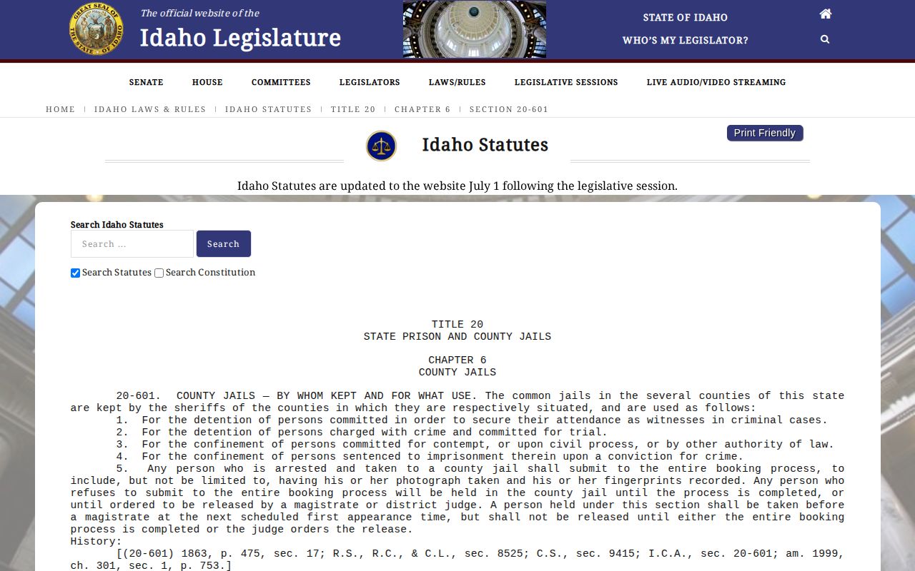 Idaho Code section 20-601 on Benewah County booking photographs and fingerprints