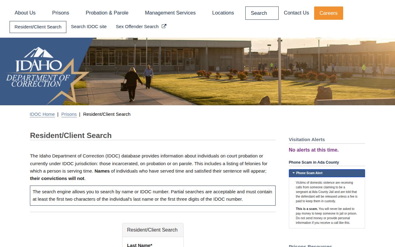 Idaho Department of Correction resident search for Benewah County sentenced offenders