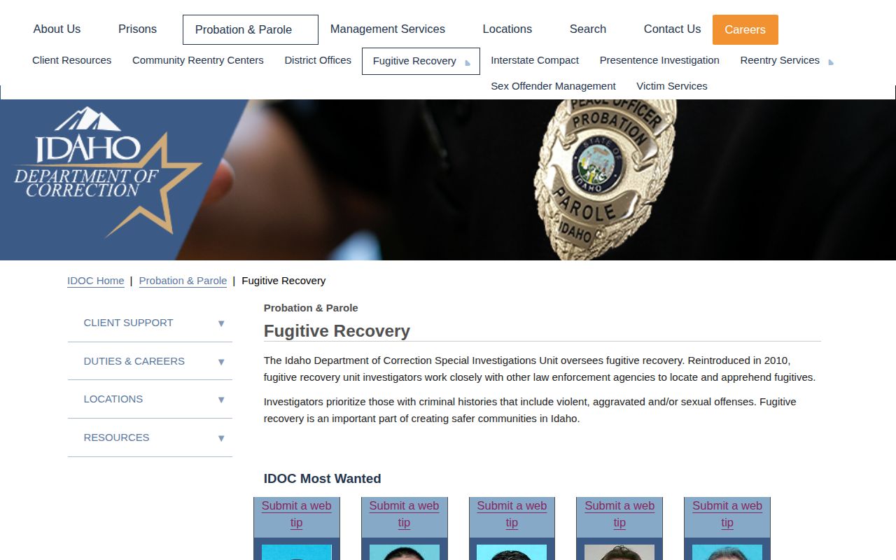 Benewah County wanted-record research using the Idaho Department of Correction Fugitive Recovery page as a statewide supervision fallback