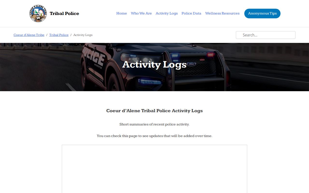 Benewah County Tensed area Coeur d'Alene Tribal Police activity logs page